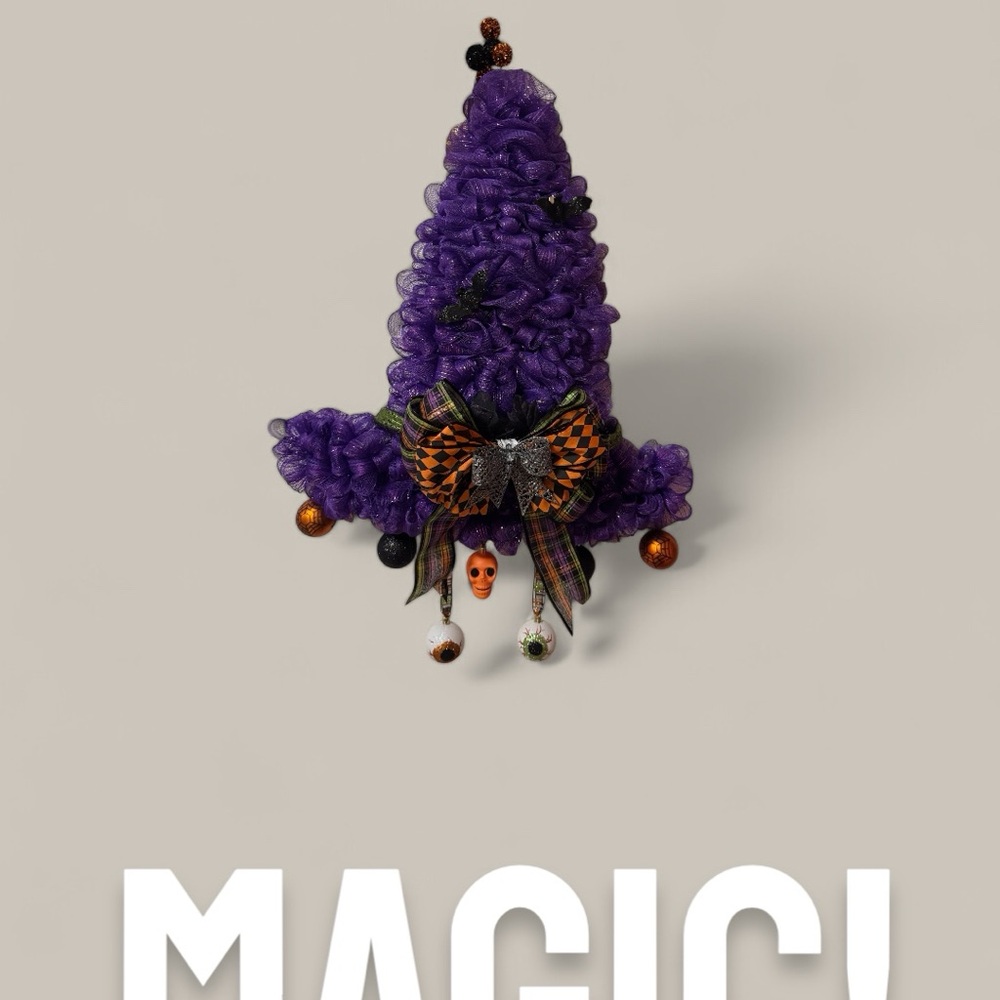 Purple Witch Hat with Halloween Decorations